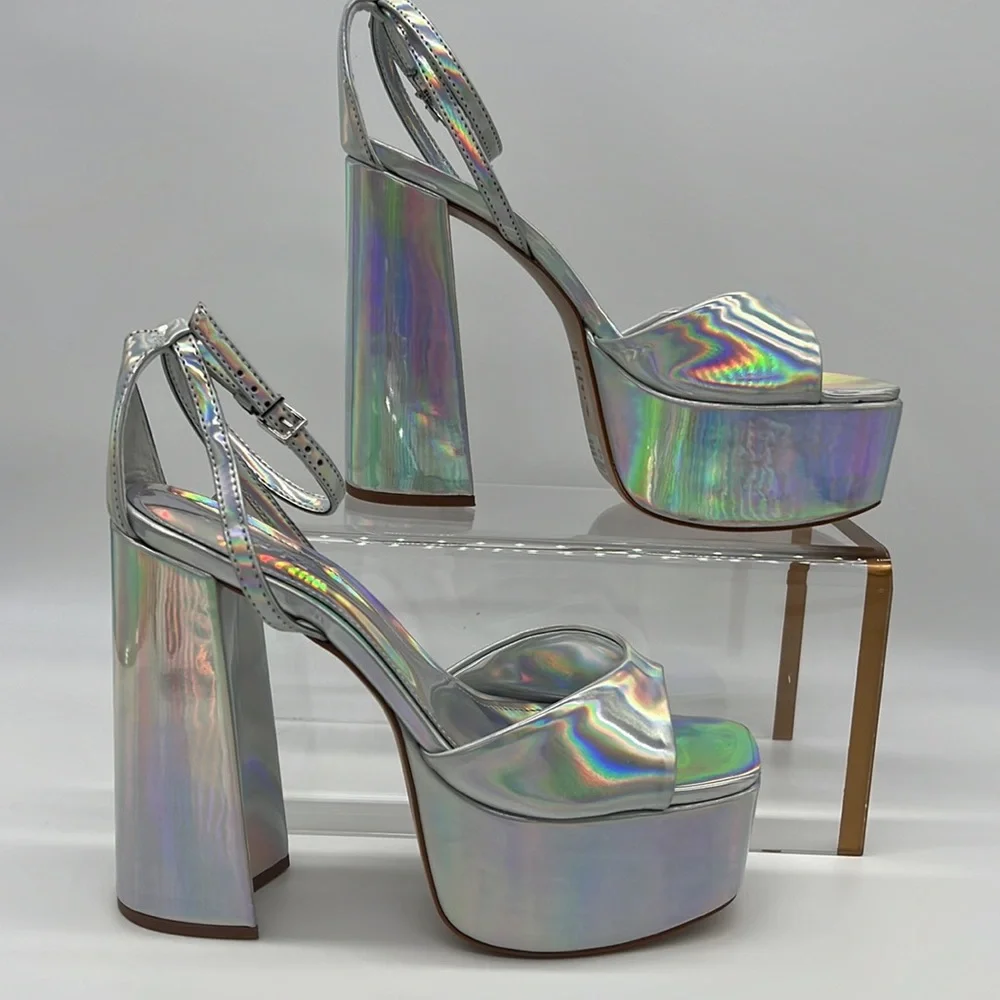 SCHUTZ NWB Aryia Metallic Faux Leather Platform Sandals Spechio Holographic
